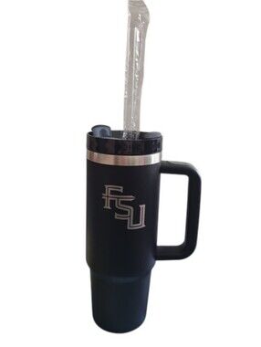 FSU Florida State Seminoles 24 Oz Travel Tumbler Black Silver Handle Straw New